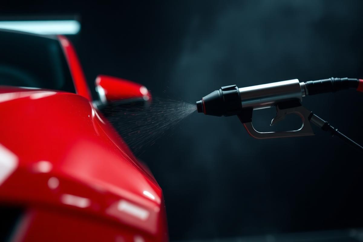 Automotive paint being applied to a vehicle panel